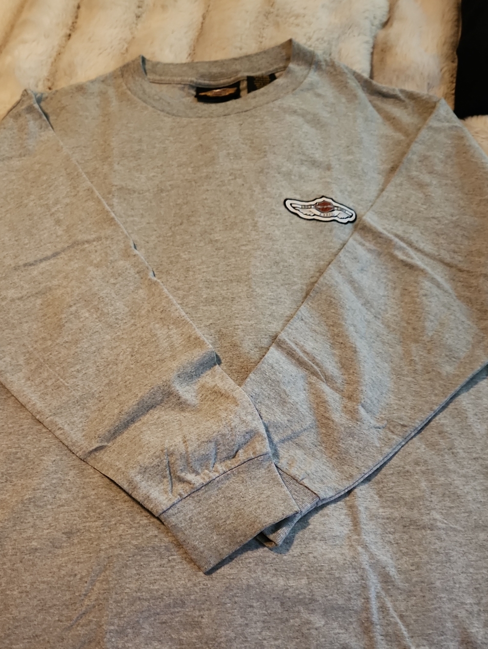 Men's Grey Crewneck Long Sleeve  Tee with Harley Chest Patch